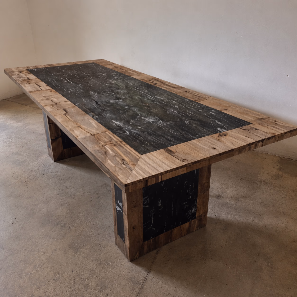 Ancient Stone Dining Table - Handcrafted Double Base Mix Honed Finish