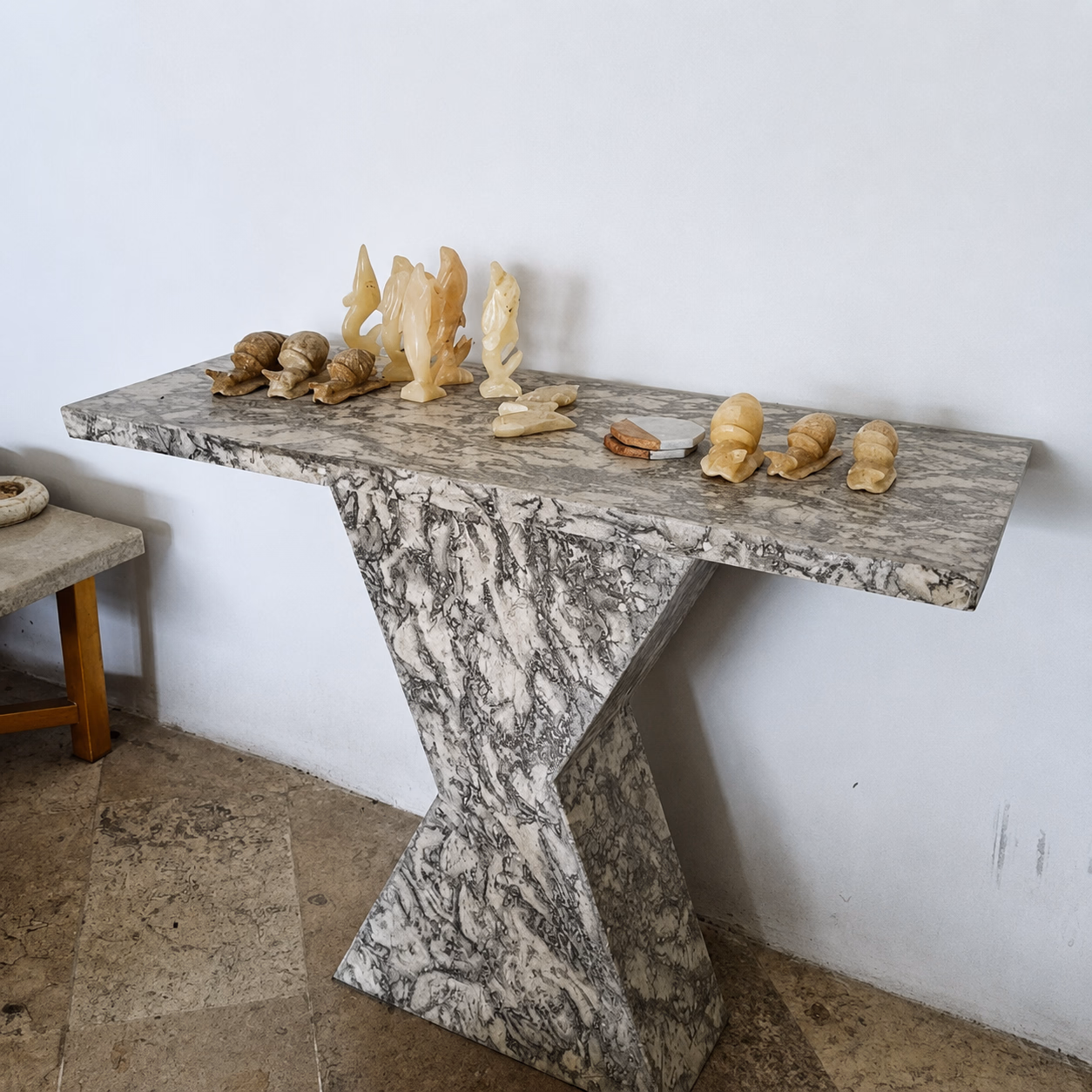 Marble Stone Side Table - Handcrafted Pedestal Honed Finish — view 3